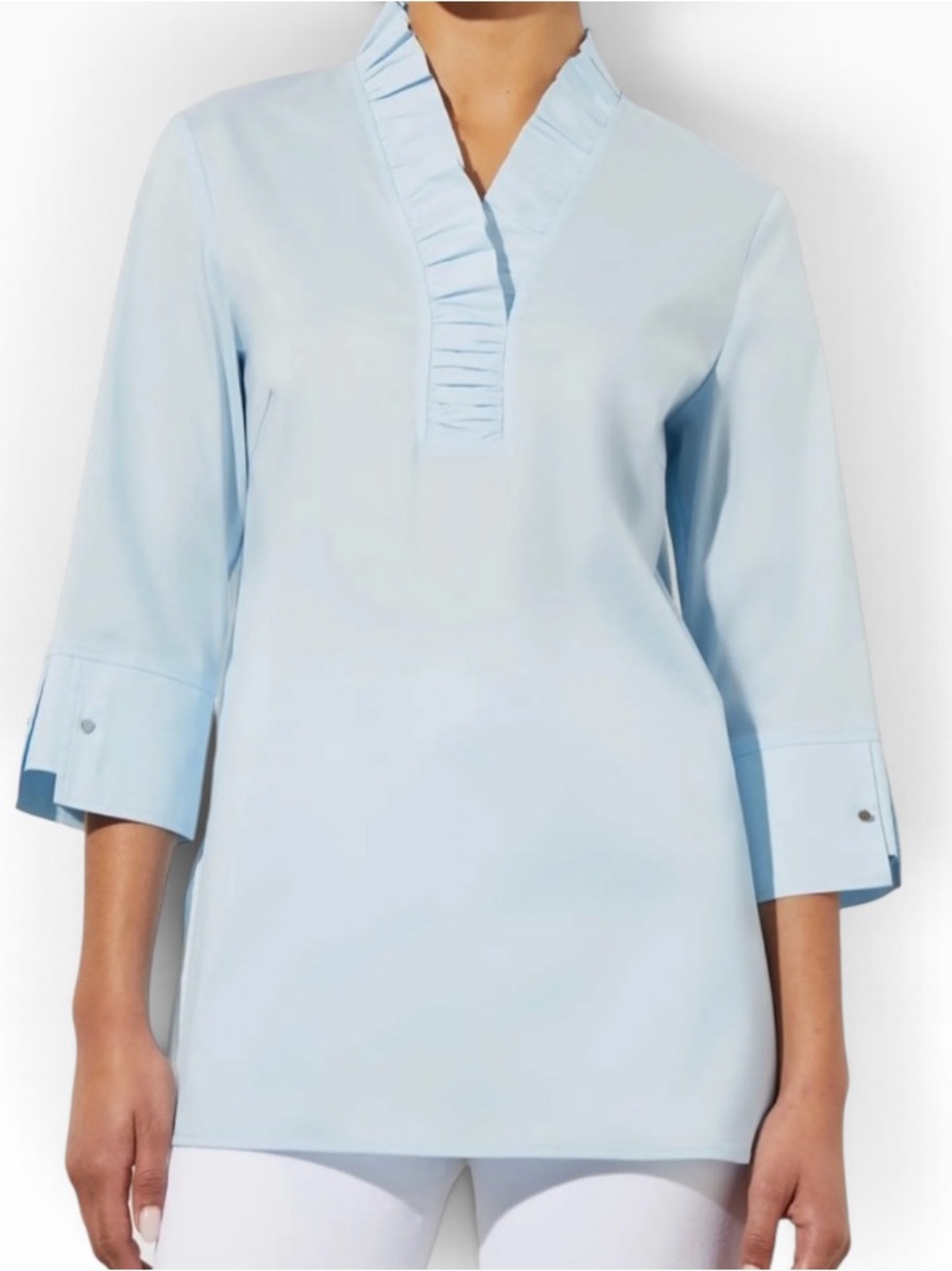 NWT MING WANG Light Blue Ruffle Collar 3/4 Sleeve Blouse Top Size 2X